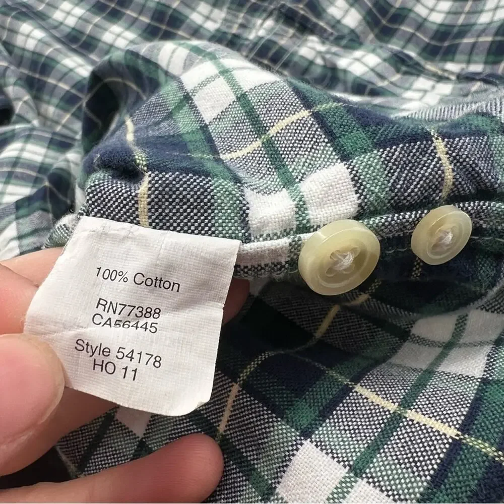 J. Crew Men’s Vintage Oxford Button Down Plaid Navy Blue Green Shirt Long Sleeve